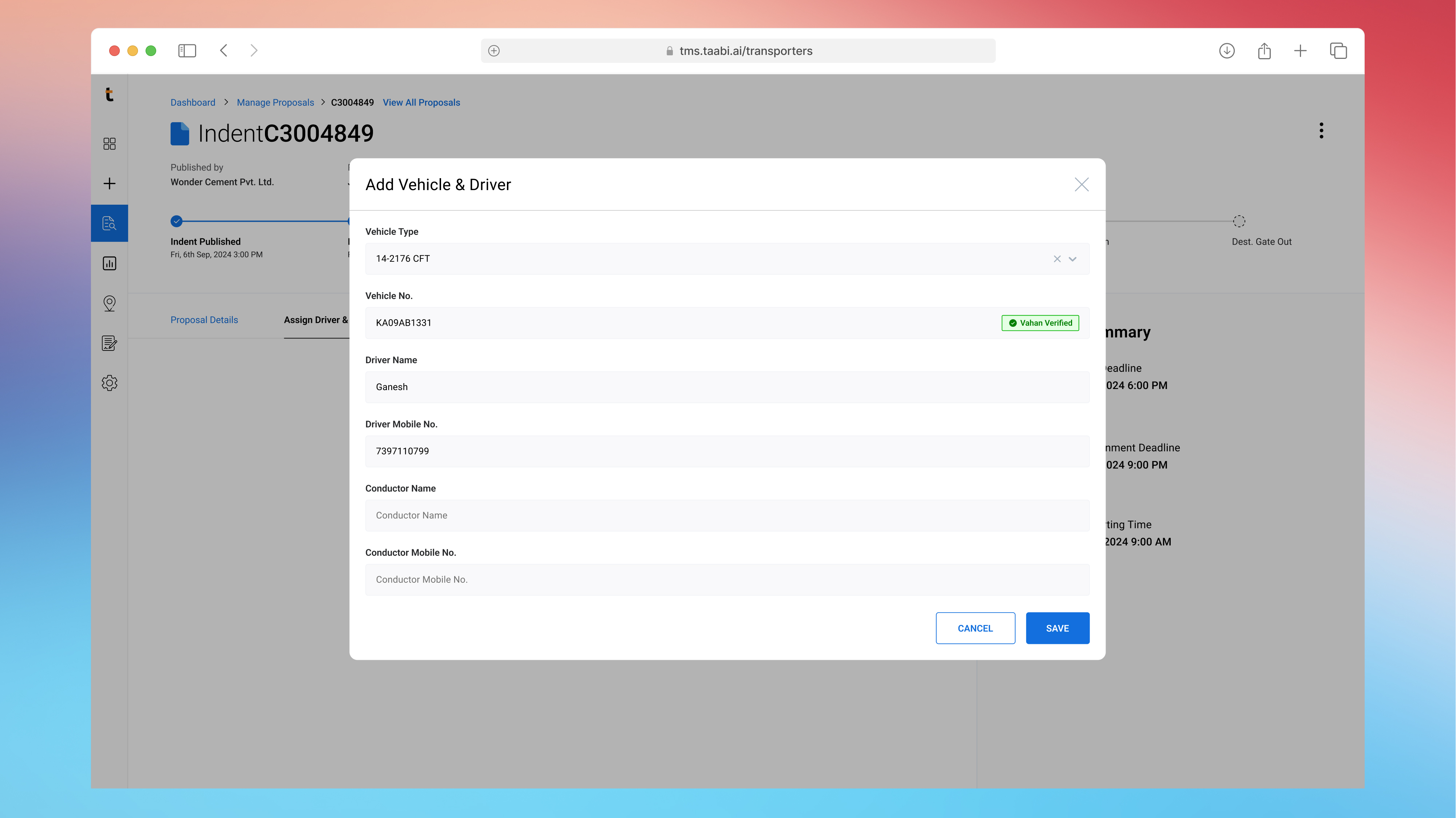 Vehicle assignment form with driver details entry